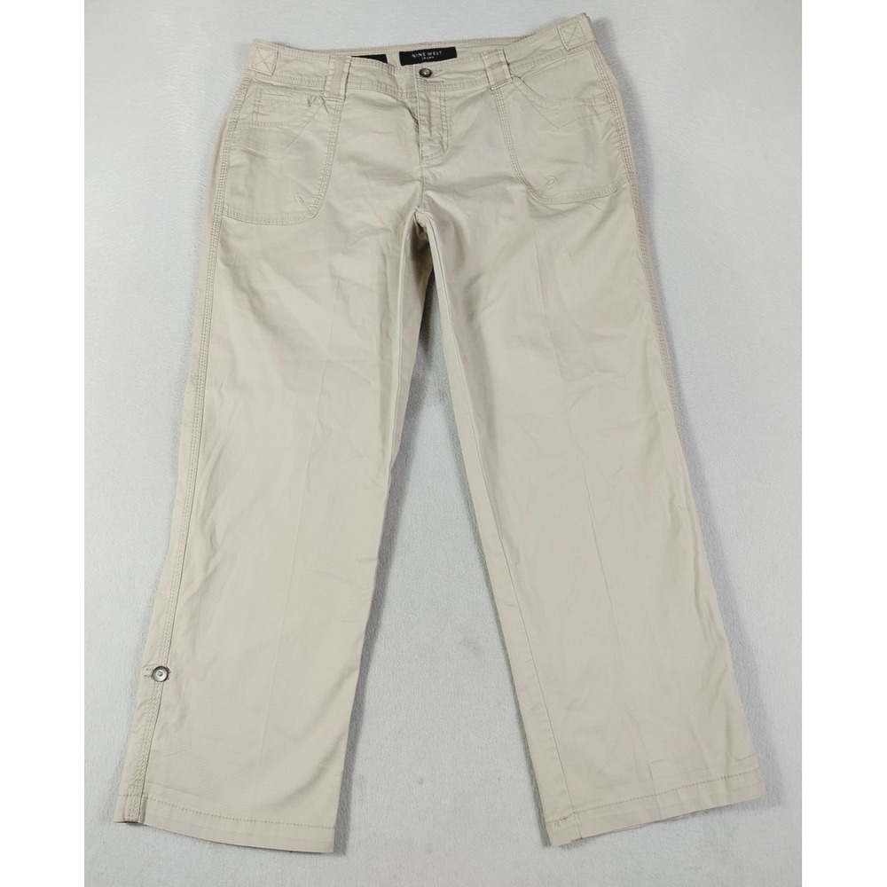 Nine West Pants Womens 8 Beige Cargo Crop Capri Twill Stretch Pockets Casual